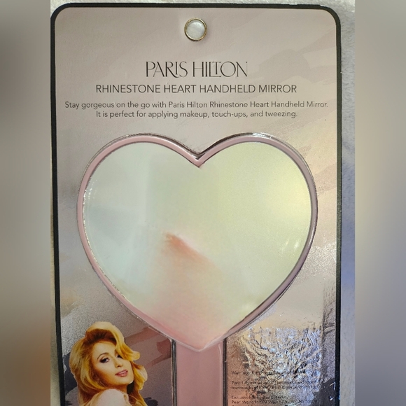Paris Hilton Pink White Rhinestone Heart Handheld Mirror 15X Magnify Lightweight - Picture 6 of 7